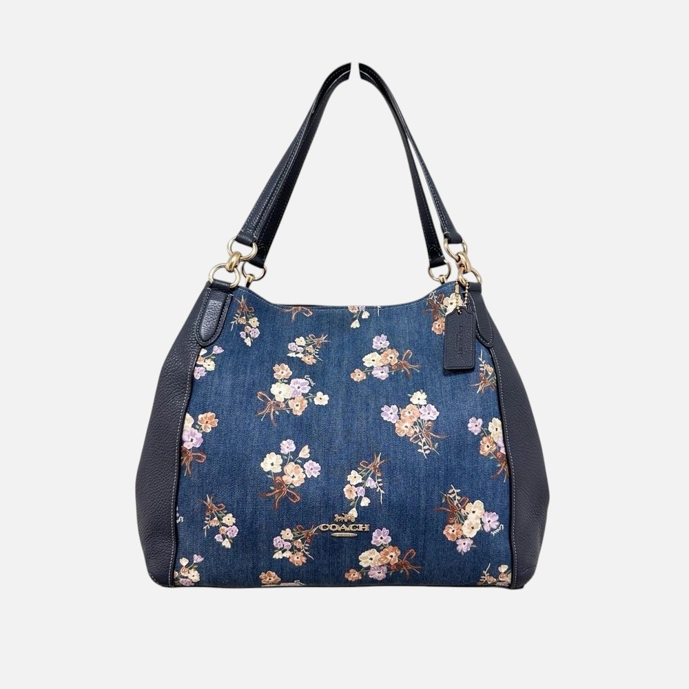 Coach Hallie Shoulder Bag Denim Floral Bouquet Print Navy Leather 91047